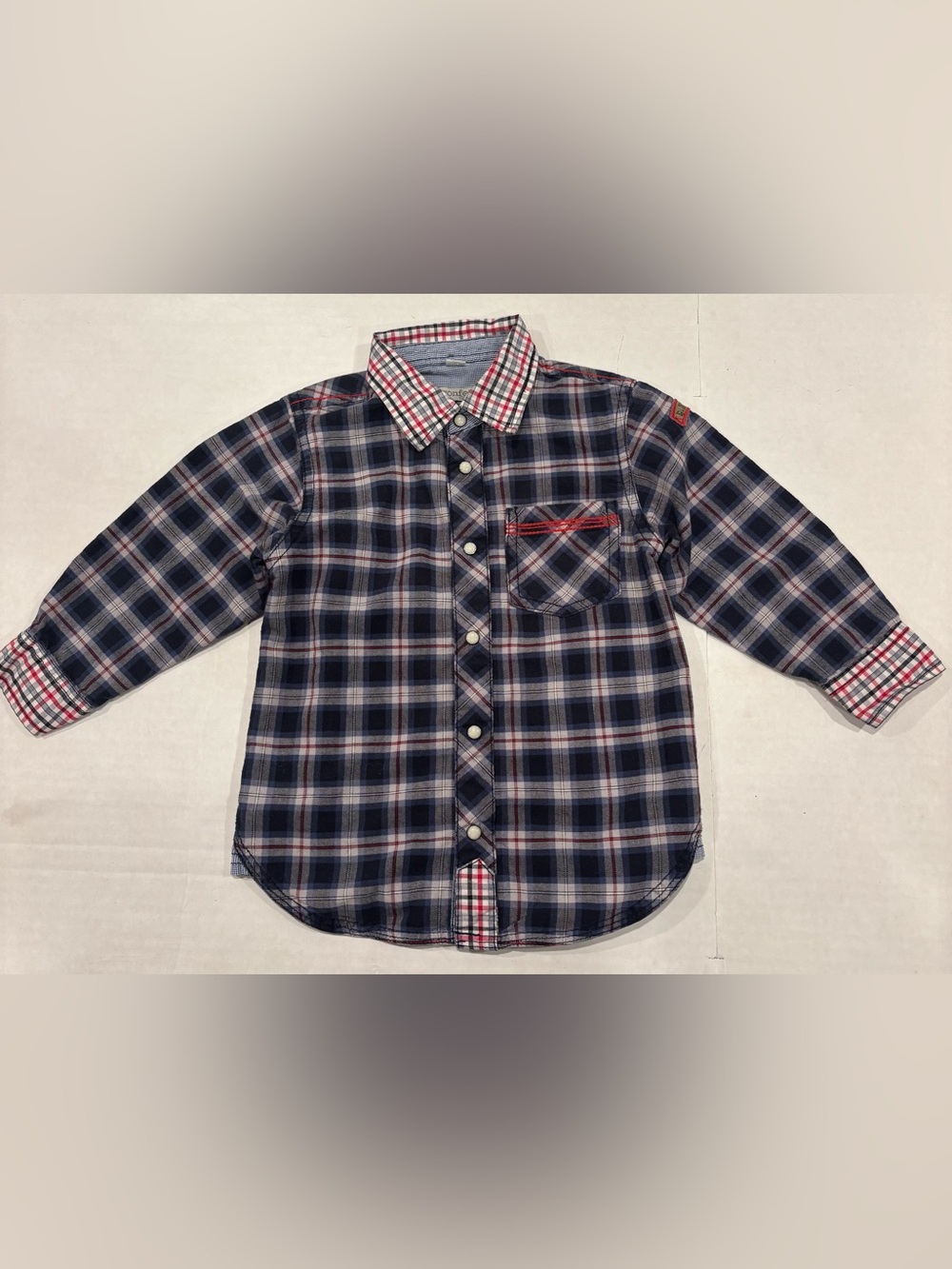 Children's Navy Plaid Button-Down Shirt with Red Accent